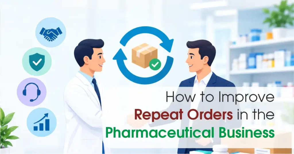Pharma distributor reviewing customer order history and stock records to plan repeat orders