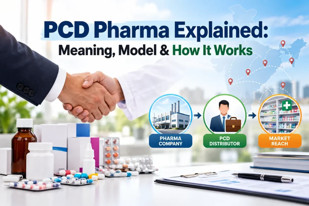 Diagram explaining how the PCD pharma business model works between a pharmaceutical company and a franchise partner
