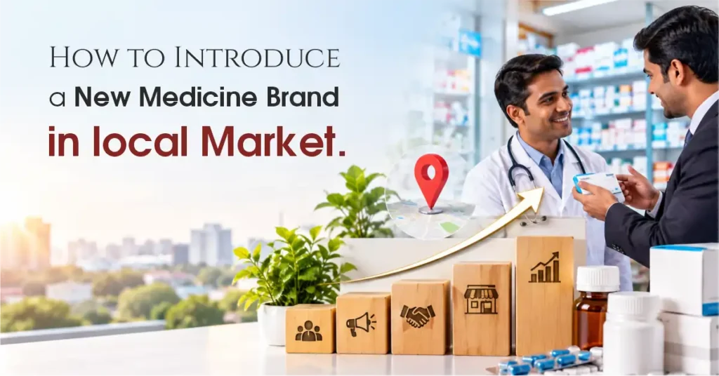 Pharma sales team reviewing a local market map, competitor brand list and medicine stock plan before launching a new medicine brand in India